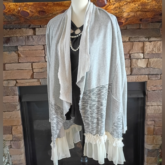 Scrapbook Sweaters - Scrapbook Gray White Cotton Boho Bohemian Open Long Cardigan Sweater